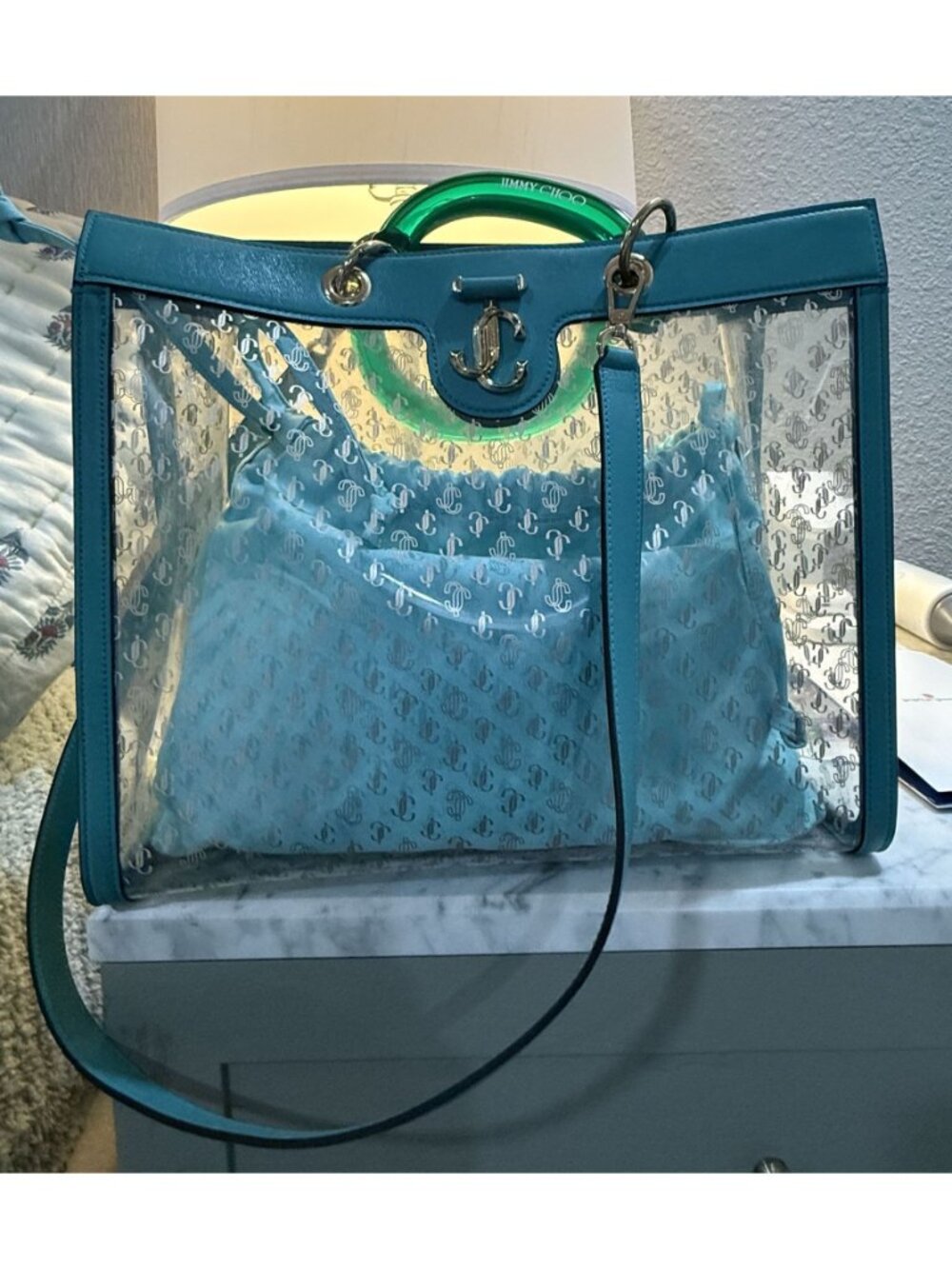 Jimmy Choo Varenne NWT Plexi & Leather With Lt Gold Hardware Tote - Picture 2 of 14